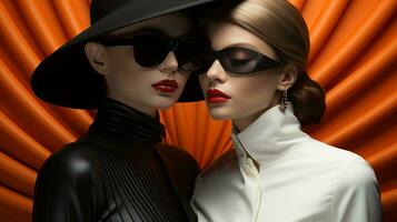 Two stylish women wearing matching hats and sunglasses stand confidently, showing off their fashion sense and bold lipstick, AI Generative photo