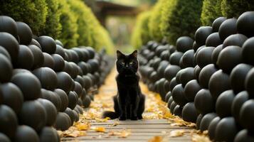 A mischievous cat perches between two starkly contrasting black spheres, surrounded by a lush outdoor setting, hinting at the mystery of the unknown, AI Generative photo