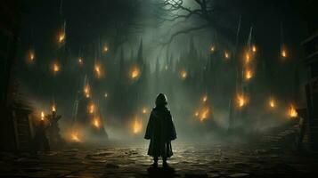 A person standing in front of a forest of trees with flames, AI Generative photo