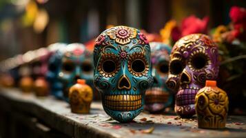 A vibrant sculpture of artfully arranged skulls captures the perfect combination of macabre beauty and exotic souvenir, AI Generative photo