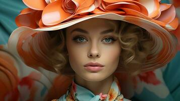 A vibrant portrait of a beautiful young woman wearing a stylish hat adorned with a delicate flower, radiating a bold and captivating confidence, AI Generative photo