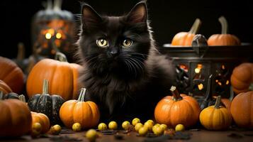 On this eerie halloween night, a solitary black cat sits peacefully next to a cluster of pumpkins, a symbol of both the mystery and beauty of the natural world, AI Generative photo