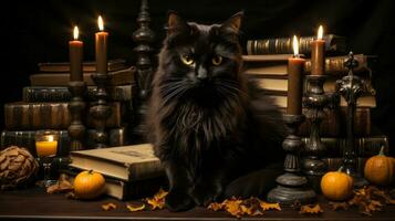 On halloween night, a mischievous cat sits among an eerie stack of books and candles, its golden eyes twinkling with anticipation, AI Generative photo