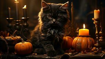 On halloween night, a furry feline perches atop a table adorned with festive pumpkins and flickering candles, providing a whimsical, cozy atmosphere indoors, AI Generative photo