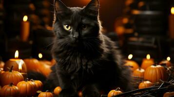 On halloween night, a mischievous black cat curled up in a basket of small pumpkins lit by a flickering candle, basking in the warm, cozy atmosphere of the indoor animal's paradise, AI Generative photo