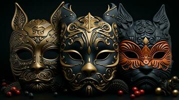 A stunning display of intricately designed clothing masks, adorned with dazzling gold and black patterns, creates an awe-inspiring sight that captivates the viewer, AI Generative photo