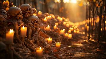 On a dark halloween night, a chilling scene of burning candles illuminating a group of skulls scattered across the outdoor ground creates a hauntingly beautiful atmosphere, AI Generative photo
