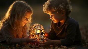 un joven mujer y niño estar fuera de en el noche, iluminado por el ligero de un vela, como ellos curiosamente mirada sobre un misterioso cráneo ese pone antes de a ellos, ai generativo foto