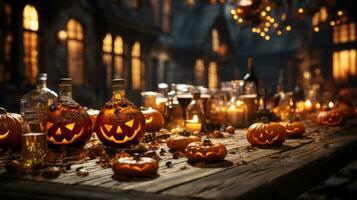 A flickering candlelight illuminates the playful scene of pumpkins and lanterns, setting a cozy, halloween-inspired atmosphere inside, AI Generative photo