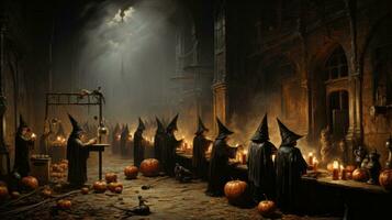 A group of people in black robes and hats in a dark room with pumpkins, AI Generative photo