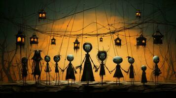 On a moonlit night, the silhouettes of a group of dolls with glowing eyes illuminate the darkness, creating an eerie yet captivating atmosphere with their mysterious light, AI Generative photo