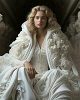 A lady in an ivory gown adorned with delicate embellishments stands proudly in a room of luxurious fabric, exuding an air of grace and elegance, AI Generative photo