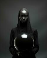 A woman stands boldly in the shadows, her all-black ensemble and firm grip on the mysterious black ball hinting at her powerful inner strength, AI Generative photo