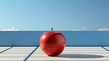 A bright red apple sits on a pristine white surface, its vibrant hue standing out against the sky like a cloud of sunshine, AI Generative photo