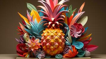 This vibrant still-life captures the beauty of nature, combining a bold pineapple with delicate flowers to create an artistic indoor garden, AI Generative photo