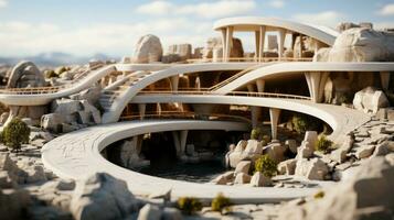 A breathtaking scene of an outdoor road with a bridge set amidst a vast cloud-streaked sky, majestic rocky architecture, and the grounded solidity of stone, AI Generative photo