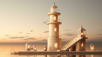 A majestic wooden lighthouse stands tall against a picturesque sky, its beacon beckoning adventurers to explore the vast outdoor waters at sunrise and sunset, AI Generative photo