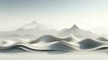 Against a backdrop of majestic mountains, an ethereal fog cloaks a vast expanse of white sand dunes, creating a surreal and awe-inspiring desert landscape, AI Generative photo