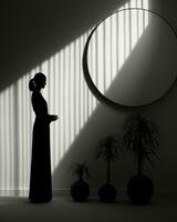 A stunning art piece of a graceful woman, her silhouette softly illuminated against the wall, captures the beauty of shadows and light in an intimate indoor setting, AI Generative photo