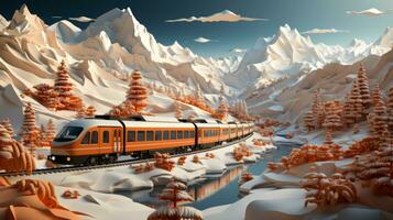 A powerful train winds through a majestic snowy valley, cutting through the towering mountains and showcasing the beauty of the great outdoors, AI Generative photo