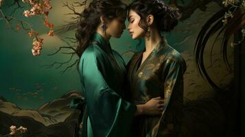 A vibrant painting of two women dressed in striking green robes captures the essence of beauty, art, and femininity within a captivating indoor setting, AI Generative photo