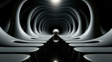 A captivating tunnel of abstract art and light, featuring perfect symmetry between its black and white walls, and highlighted by luminous white objects, AI Generative photo