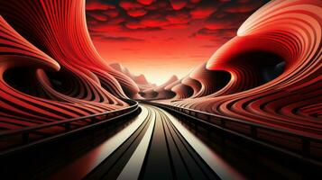 A vivid red landscape comes alive in this captivating painting, inviting viewers to explore the winding road that leads to a mysterious destination, AI Generative photo