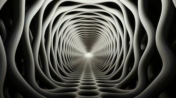 A captivating abstract pattern of symmetrical spirals swirls in a mesmerizing monochrome of black and white, creating an entrancing tunnel of art, AI Generative photo