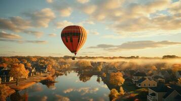 un caliente aire globo terminado un río, ai generativo foto