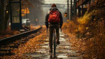 un persona paseos un bicicleta en un devanado otoño camino, el rojo ruedas de el vehículo en pie fuera en contra el oscuro tren pistas bajo, ai generativo foto