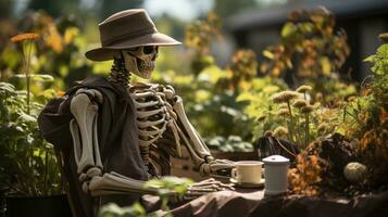 An outdoor statue of a skeleton wearing a fashionable hat and coat sits at a table with two steaming coffee cups, surrounded by lush plants and inviting a passerby to join them, AI Generative photo