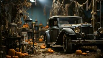 The old-fashioned vehicle, parked outdoors among the pumpkins and candles, seemed to be a strange yet beautiful blend of the earthy and the surreal, AI Generative photo