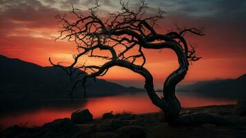 A beautiful silhouette of a lone tree stands majestically against a vivid backdrop of the orange and pink sky, as the sun sets over the tranquil lake and distant mountains, AI Generative photo