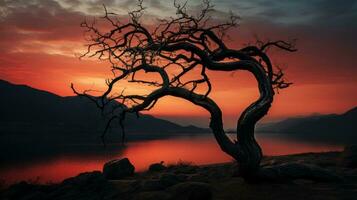 un hermosa silueta de un solitario árbol soportes majestuosamente en contra un vívido fondo de el naranja y rosado cielo, como el Dom conjuntos terminado el tranquilo lago y distante montañas, ai generativo foto