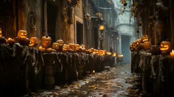 On a chilly halloween night, a row of illuminated carved pumpkins lined the outdoor street, casting flickering shadows onto the ground below, AI Generative photo