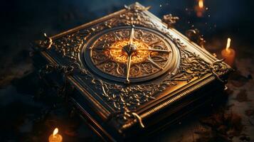 The ticking of a brass clock guides the way through a forgotten world of golden mystery, where a book with a compass on top holds the secrets to unlocking adventure, AI Generative photo