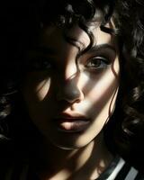 A woman with curly hair and shadows on her face, AI Generative photo