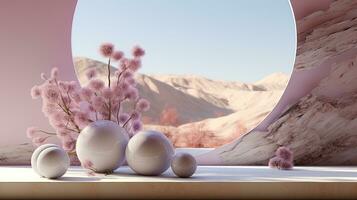 A white vase adorned with pink flowers stands boldly against the breathtaking backdrop of a sun-kissed desert mountain, glowing in the warm infrared light, AI Generative photo