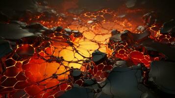 un flameante infierno de fundido calor irradia mediante el aire, esclarecedor el negro azabache rocas con un naranja, ámbar luz, ai generativo foto