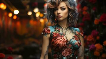 un vibrante mujer con un atrevido sentido de estilo, presentando un vibrante formación de vistoso pelo y un maravilloso tatuaje de rosas, capturas el esencia de belleza y libertad, ai generativo foto