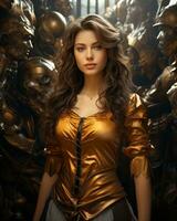 A glamorous woman stands in a lavish room, draped in a shimmering gold dress that reflects the latest fashion trends, AI Generative photo