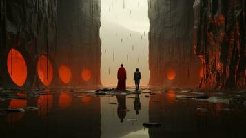 A mysterious man stands in the foggy, outdoor puddle, his reflection caught in the still water beneath him, red cape billowing in the wind, AI Generative photo