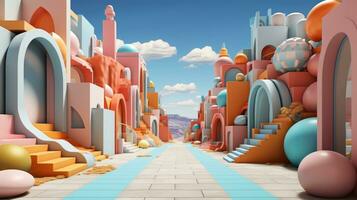 The vibrant sky is filled with whimsical cartoon buildings, creating a dazzling and cheerful atmosphere, AI Generative photo