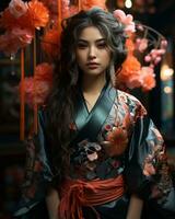 A beautiful woman wearing a traditional japanese kimono adorned with vibrant flowers, AI Generative photo