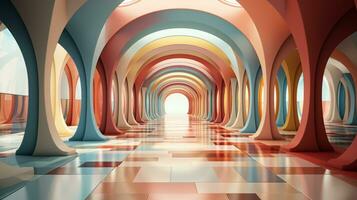 A symmetrical, artful tunnel of colorful arches and tiled floors beckons viewers to explore the creative beauty within its walls, AI Generative photo