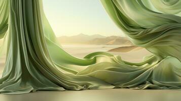 Amidst the barren desert landscape, a vibrant green curtain adds a touch of life and serenity to an otherwise still indoor setting, AI Generative photo