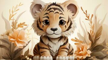 A whimsical cartoon of a curious tiger cub exploring a lush flower garden captures the beauty and innocence of childhood, AI Generative photo