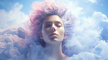 A vibrant portrait of a woman with an explosion of pink and purple hair set against the backdrop of a vast sky, symbolizing the limitless potential of a free spirit, AI Generative photo