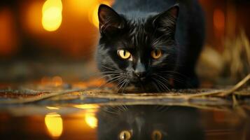 un misterioso negro gato con luminoso amarillo ojos compañeros fuera de el oscuridad, sus largo bigotes y pulcro piel reflejando el al aire libre luz, ai generativo foto