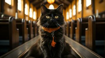 A black feline with wide, inquisitive eyes stares intently as it sits perched atop a moving conveyor belt, its soft whiskers twitching in the stillness of the indoor air, AI Generative photo